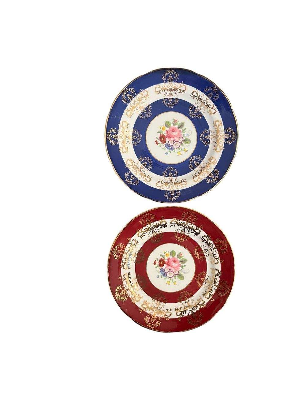 Royal Grafton Harlequin Cobalt Blue Maroon Gold Filigree Bread Plates - Lot of 2
